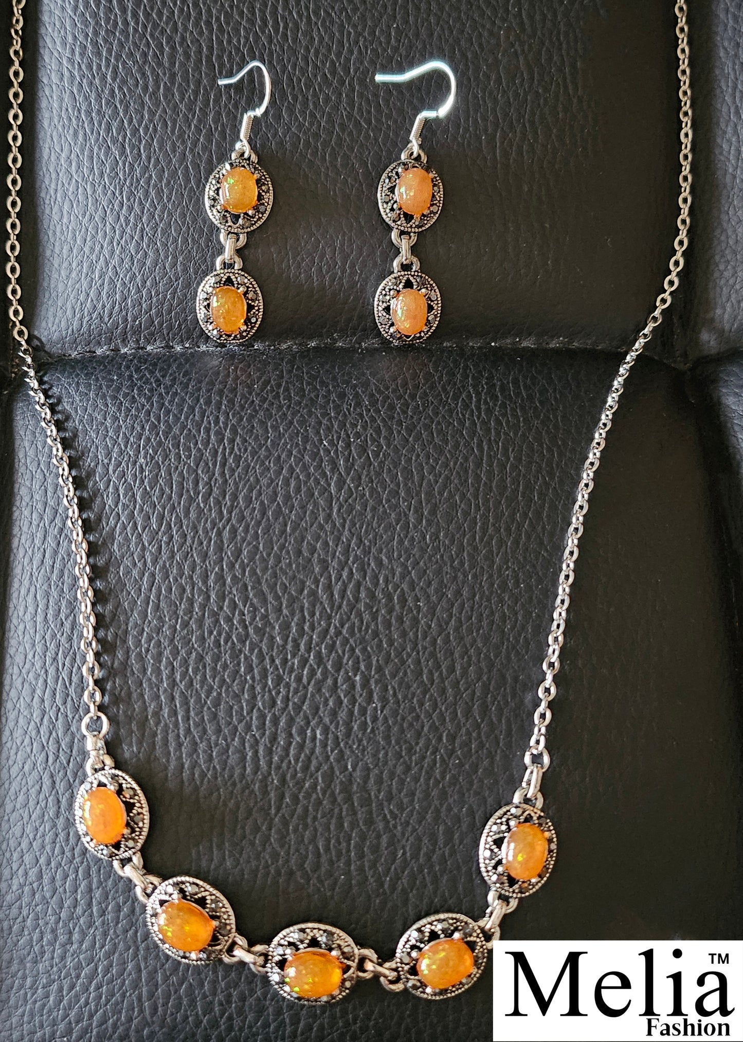 Orange Sparkle Gem Necklace Earring Set