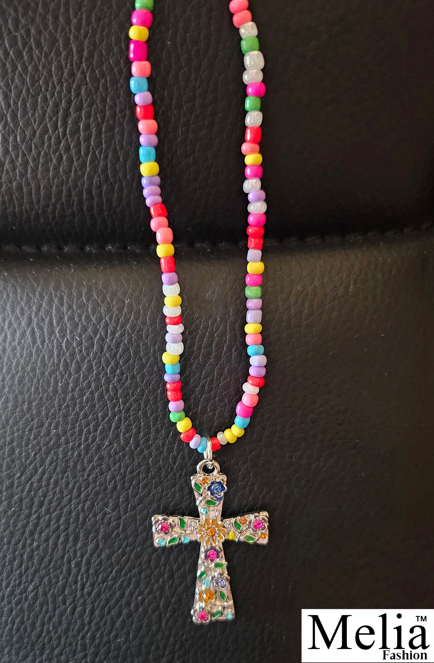 Multicolor Beaded Floral Cross Necklace