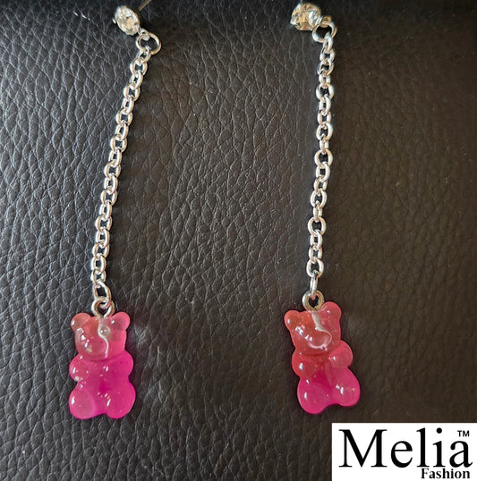 Pink Dangle Rhinestone Gummy Bear Earrings