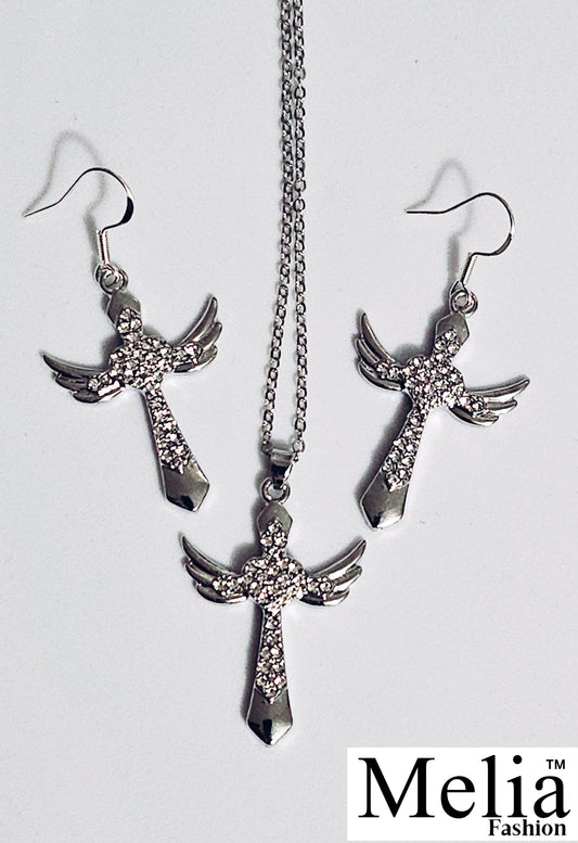 Rhinestone Angel Necklace Earring Set