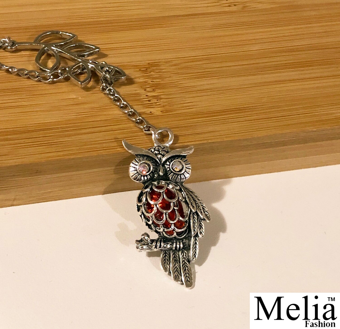 Red Rhinestone Owl and Branch Lariat Long Necklace