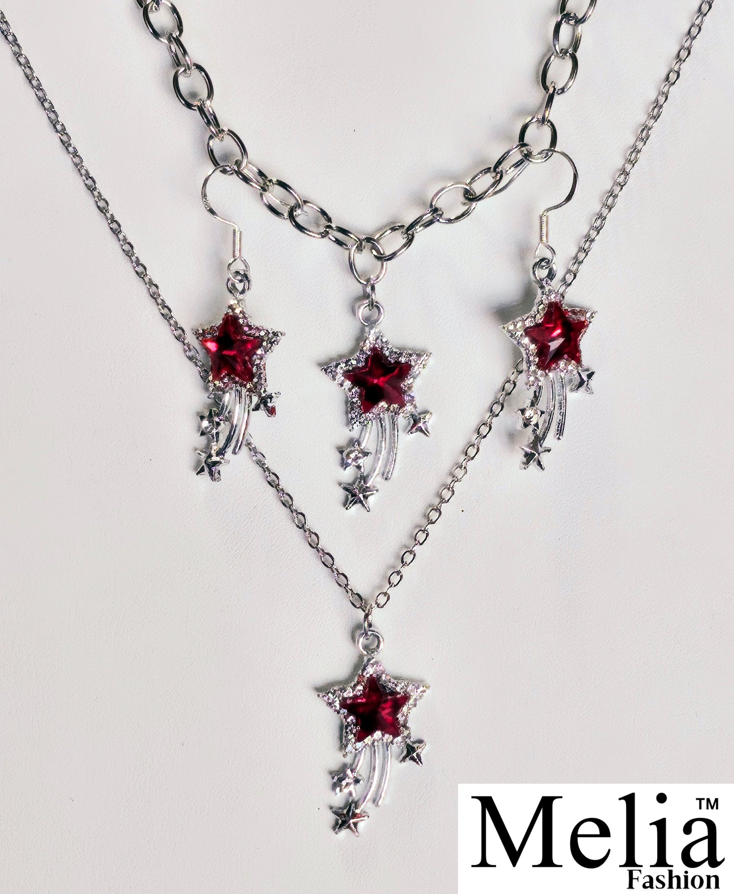 Shooting Star Ruby Necklace Earring Bracelet Set